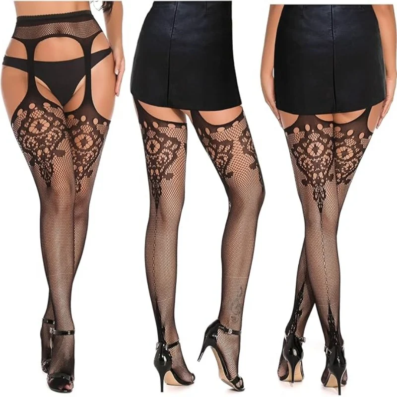 3 Pcs Fishnet Pantyhose Sexy Thigh-High Stockings with Hollow out Pattern for Women Garter Belt Suspender Tights