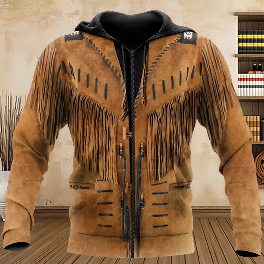 

Men's 3D Pattern Print Brown Zip Hoodies Casual Long Sleeve Pullover Autumn Loose Oversize Hooded Sweatshirt Street Men Clothing