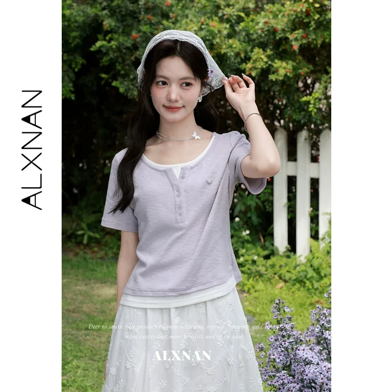 

ALXNAN Purple T-shirt Women Summer Fake Two-piece New Casual Elegant Minimal T-shirts 2026 Short Sleeve Tops Female L63517
