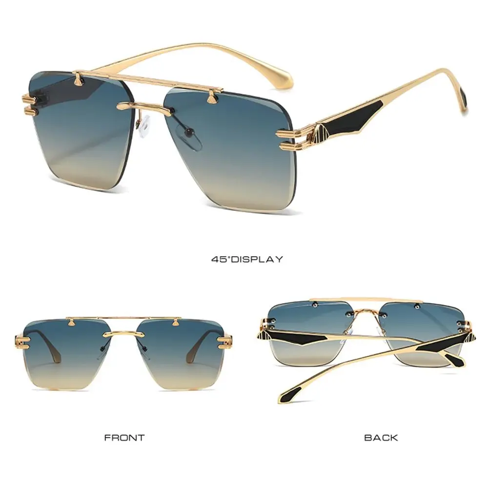 Fashion Oversized Double Bridge Sunglasses Rimless Trendy Gradient Shades Metallic Eyewear for Women & Men