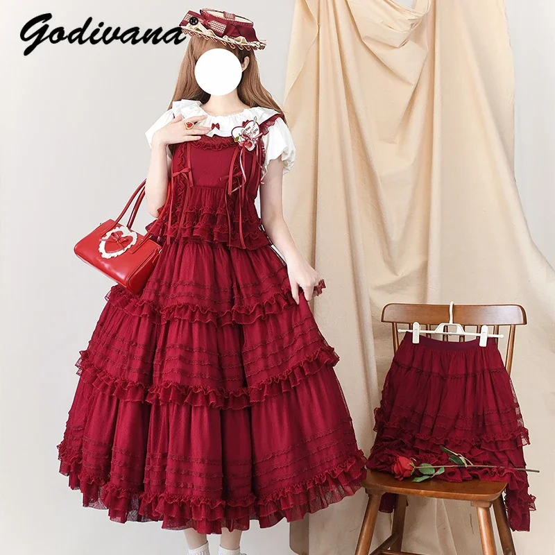 Original New Girl Womens Sweet Burgundy Dot Yarn Multi-layer Lace Vest and Long Cake Skirt Elegant Mori Embroidery Cla Skirt Set