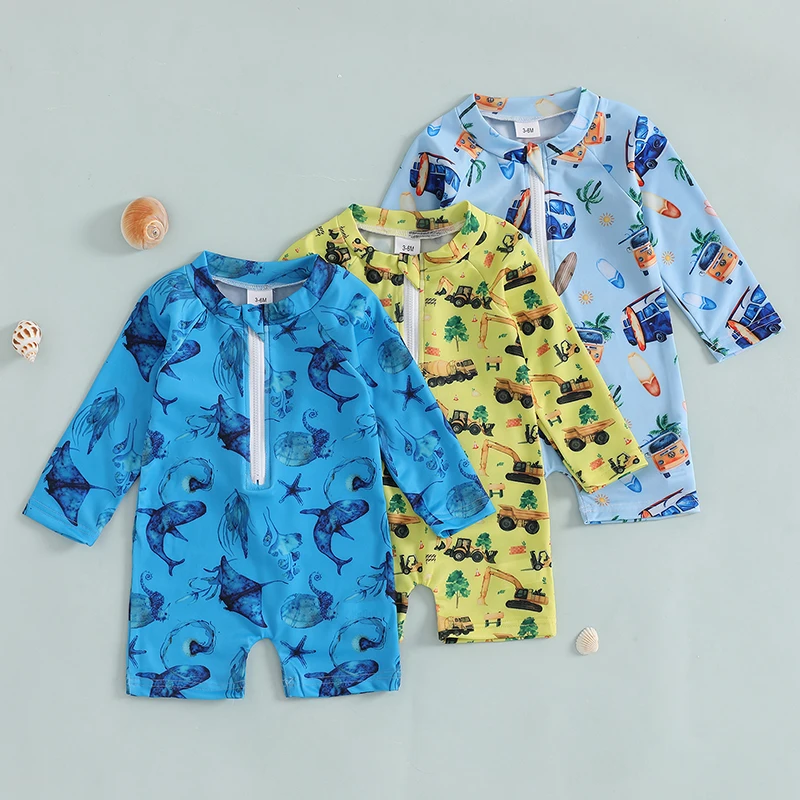 Kids Boys Rash Guard, Long Sleeve Vehicles Shark Print Zipped Swimsuits Swimwear