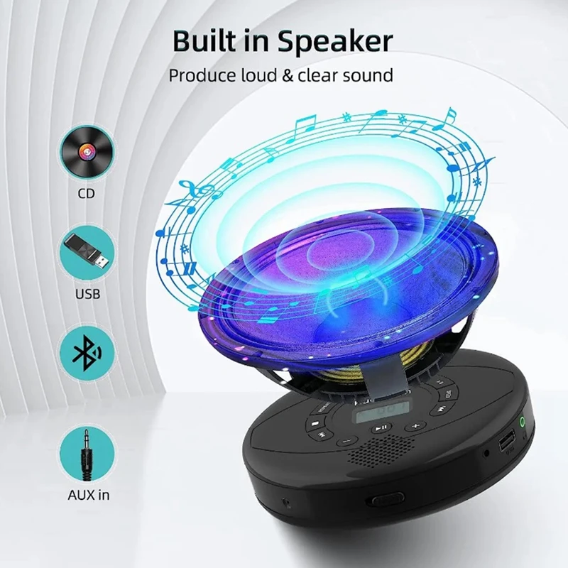 Portable CD Player Bluetooth CD Built-in Speaker Rechargeable CD Player with USB/AUX/Headphone Port-A22U