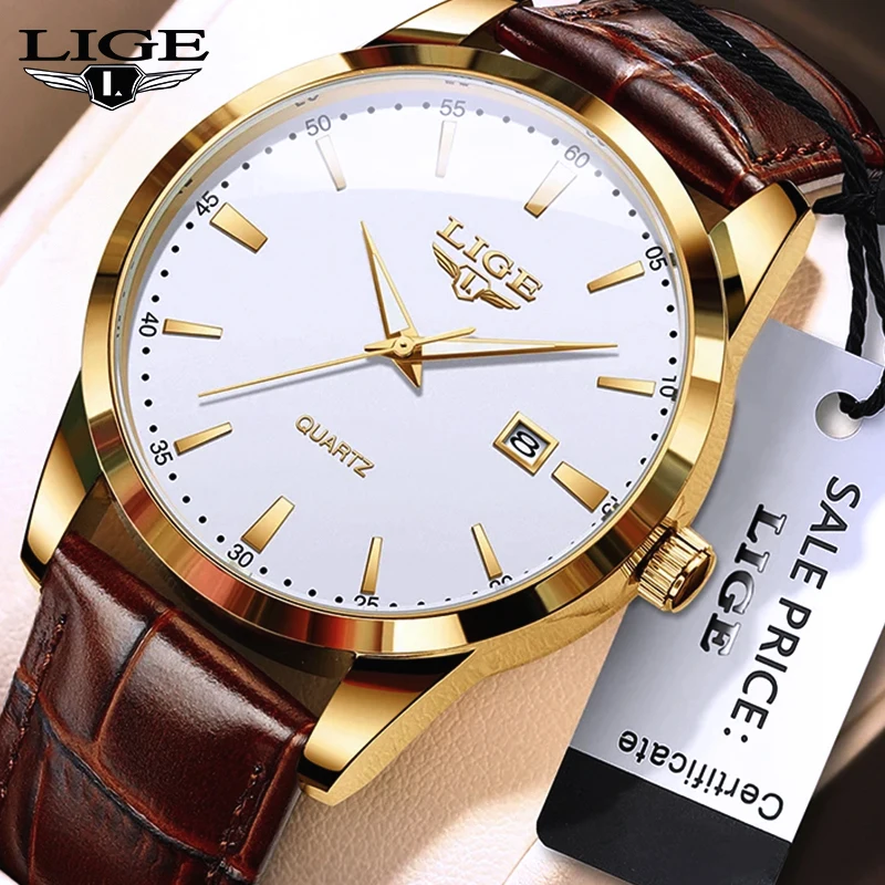 

LIGE New Luxury Watches for Men Military Leather Man Wristwatch Quartz Clock Waterproof Luminous Date Week Men's Watch Reloj+box
