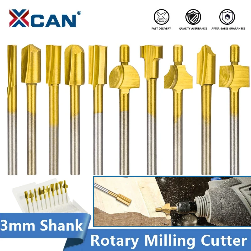 XCAN HSS Rotary Milling Cutter 3mm Shank Titanium Coated Woodworking Router Bit Cutter for Dremel Rotary Tools Carving Bit