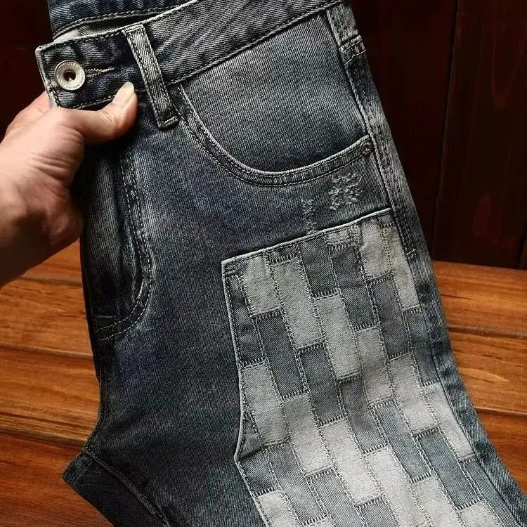 High-end Trendy Jeans Men's Korean Trendy Brand Slim-fit Splicing Small Feet Elastic Contrasting Color Fashion Trousers Pants