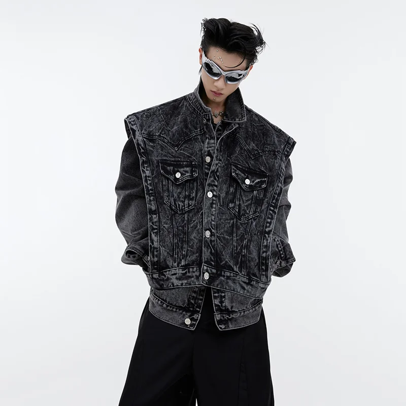 FEWQ Trend Men\'s Denim Vest Jacket Two Piece Detachable Sleeveless Tank Tops Niche Design Washed Streetwear Vintage Male 9C1945