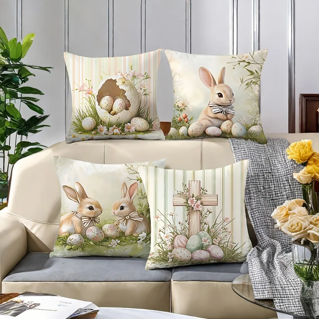 Funda de almohada decorativa de Pascua feliz, funda de cojín para sofá con estampado de cruz de conejo y huevo, decoración suave y cómoda para la habitación del hogar