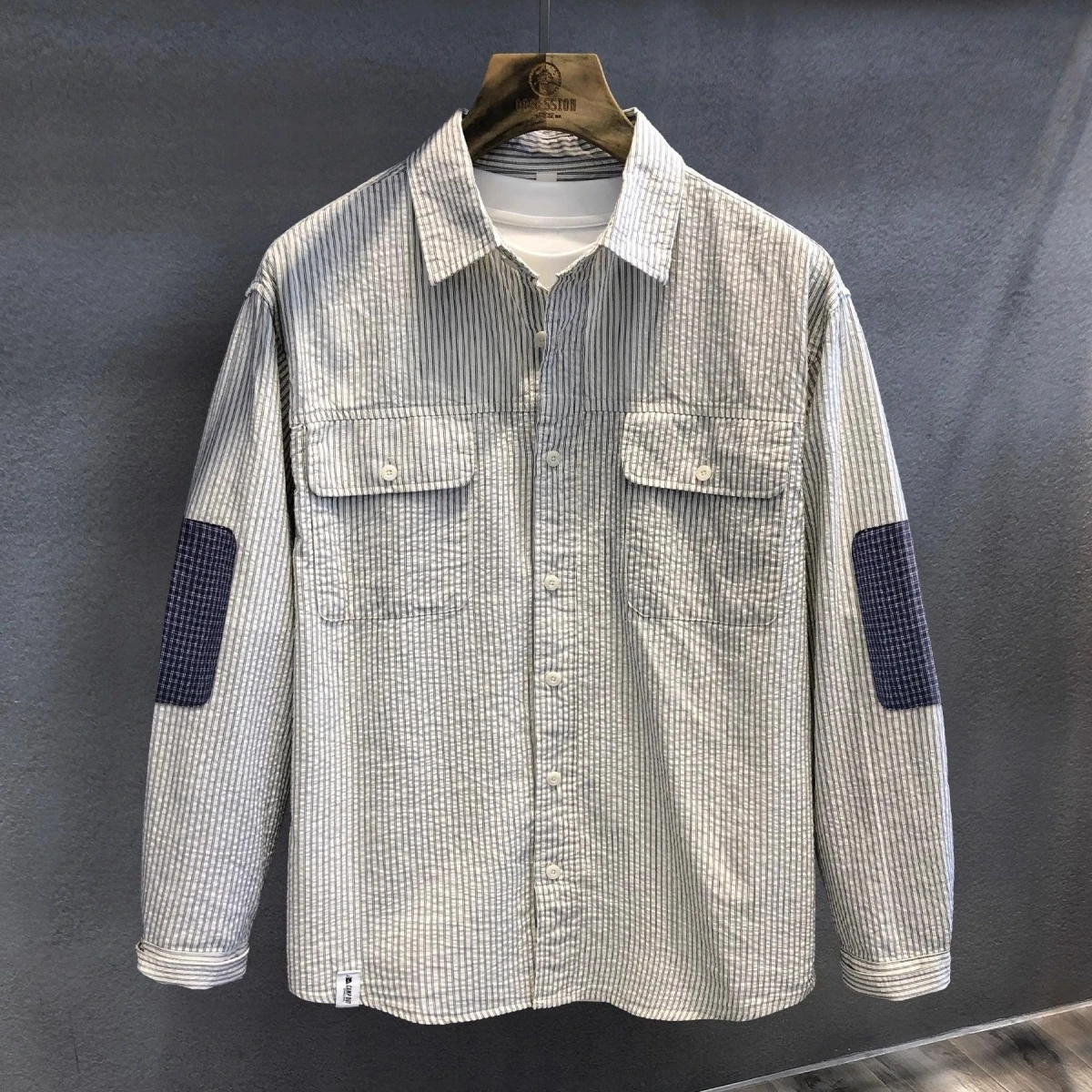 

Ретро-рубашка мужская с длинным рукавом, в стиле пэчворк, стандартный крой, из полиэстера, осенняя новинка, с пузырчатой текстурой и полосками, стильная и эффектная.