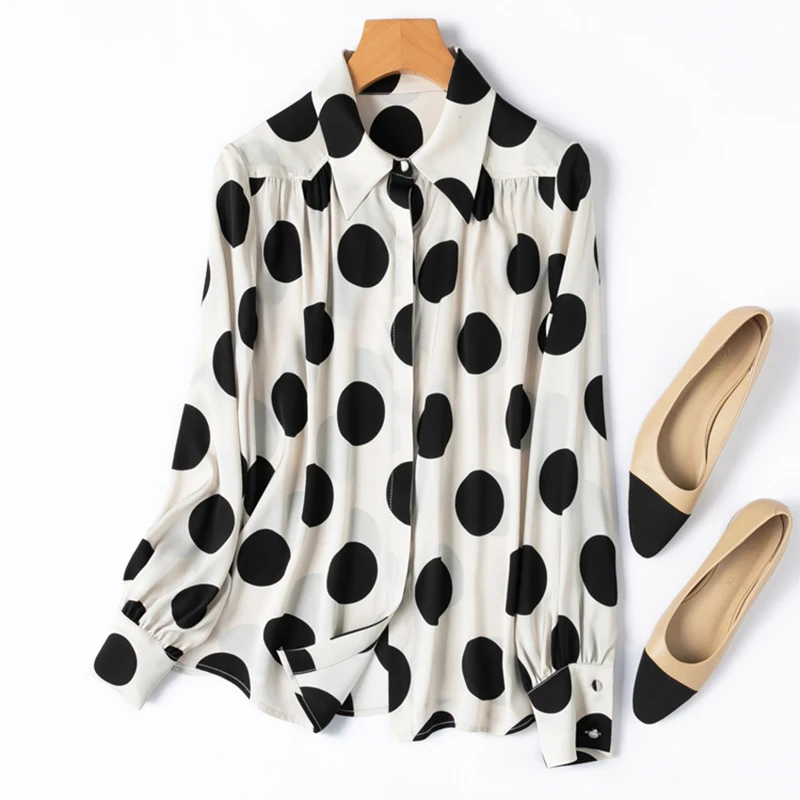 

Women‘s Shirt 93% Mulberry Silk 7% Spandex 19 Momme White Polka Dots Printed V Neck Long Sleeve Top Blouse M1263