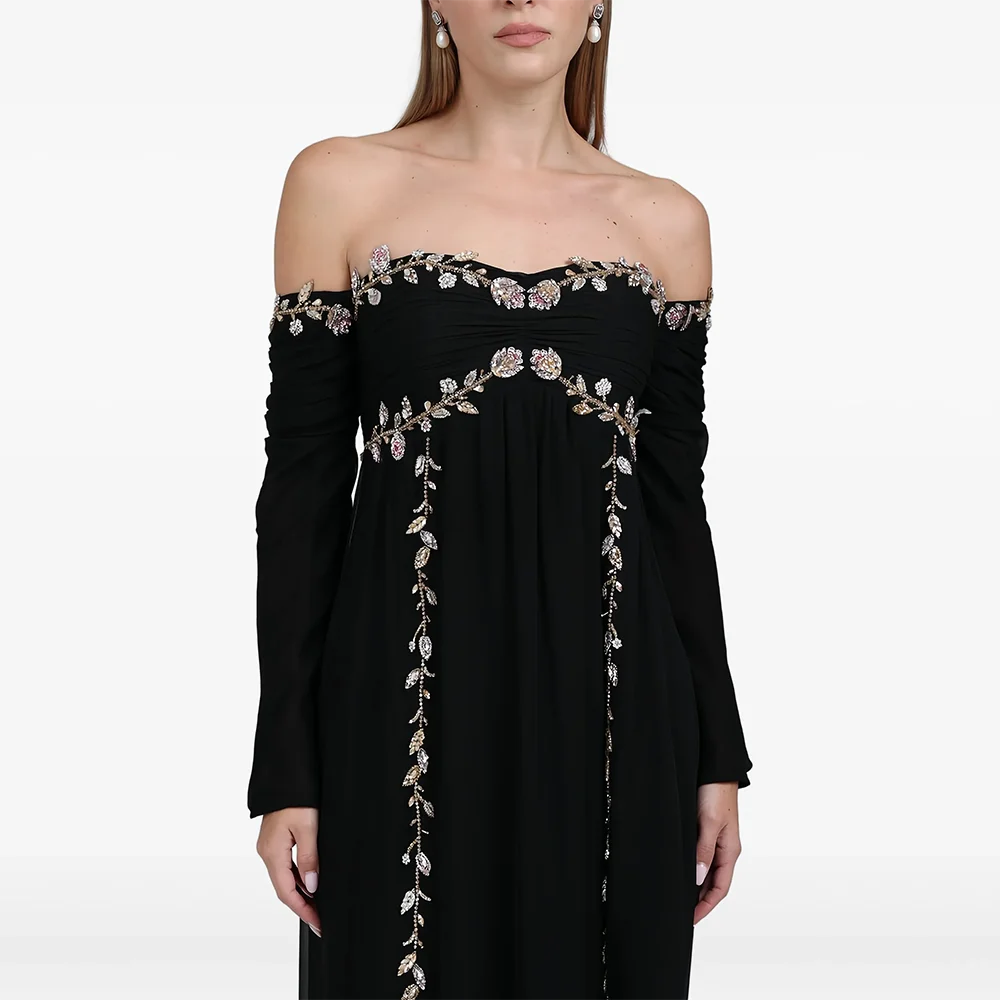 Personalizado preto fora do ombro vestidos de noite longos elegante ocasião formal vestidos de baile cristal até o chão vestidos de baile