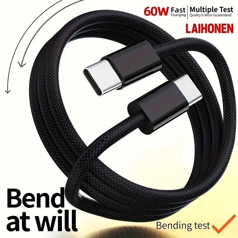 LAIHONEN USB-C zu USB-C Kabel 60W 20V3A Nylon Geflochten Schwarz 1m Schnelles Lade- und Datenkabel für iPhone 15 17 Pro Max MacBook iPad