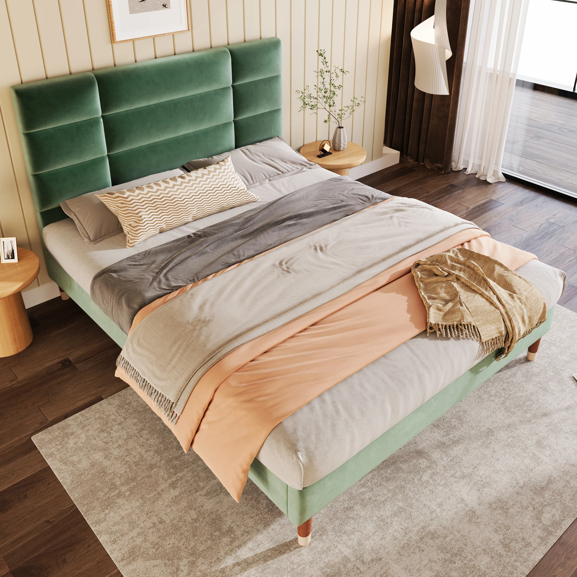 Lit double 140x200 cm - Lit capitonné avec sommier à lattes - Velours - Sans matelas - Vert