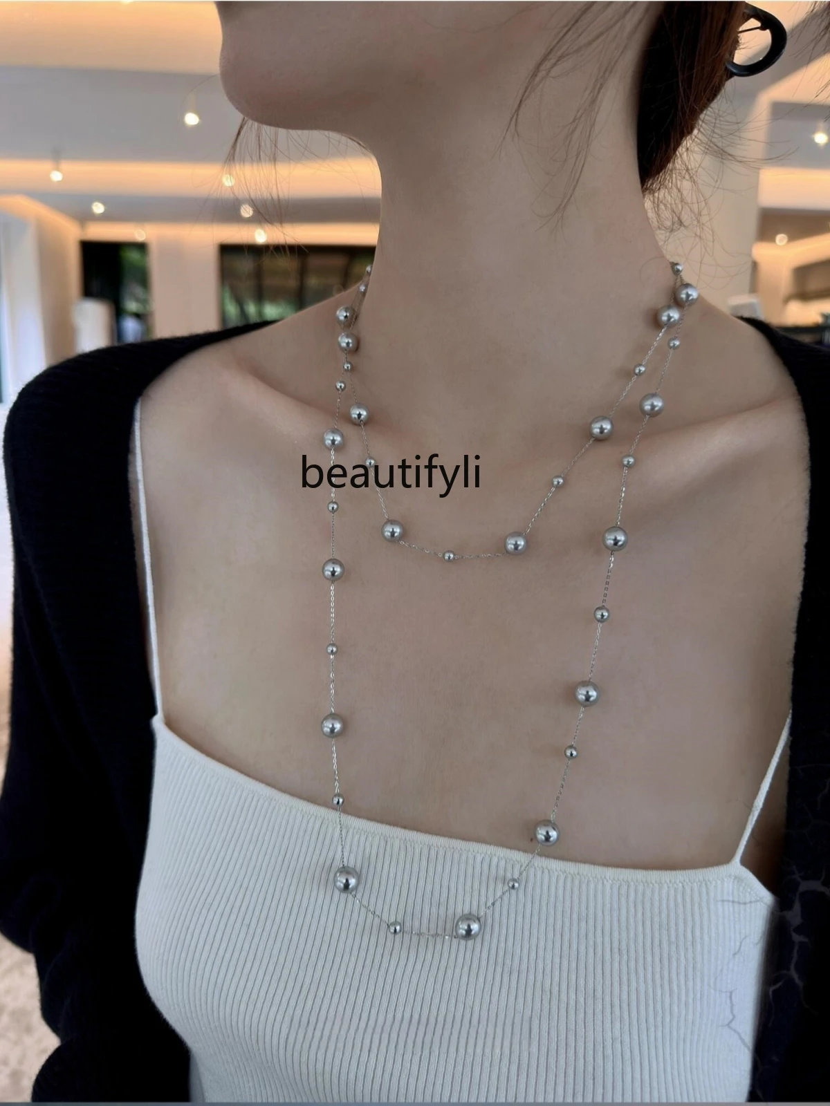 Double-layer 925 silver design silver-gray pearl necklace high-end light luxury temperament niche long collarbone chain