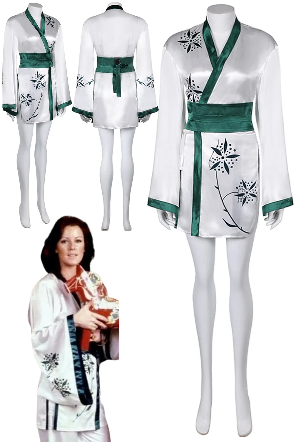 Anni-Frid Synni Lyngstad Cosplay Women Green Short Robe Costume Fashion 70s Band Retro Vintage Coat Waist Cover Halloween Suit