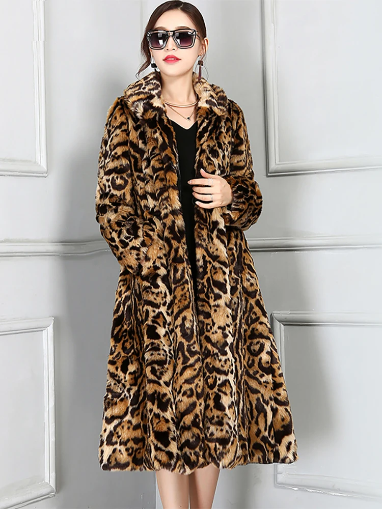 Nerazzurri Winter Elegant Warm Thick Skirted Fluffy Faux Fur Leopard Coat Women Drawstring Runway European Fashion Overcoat 2021