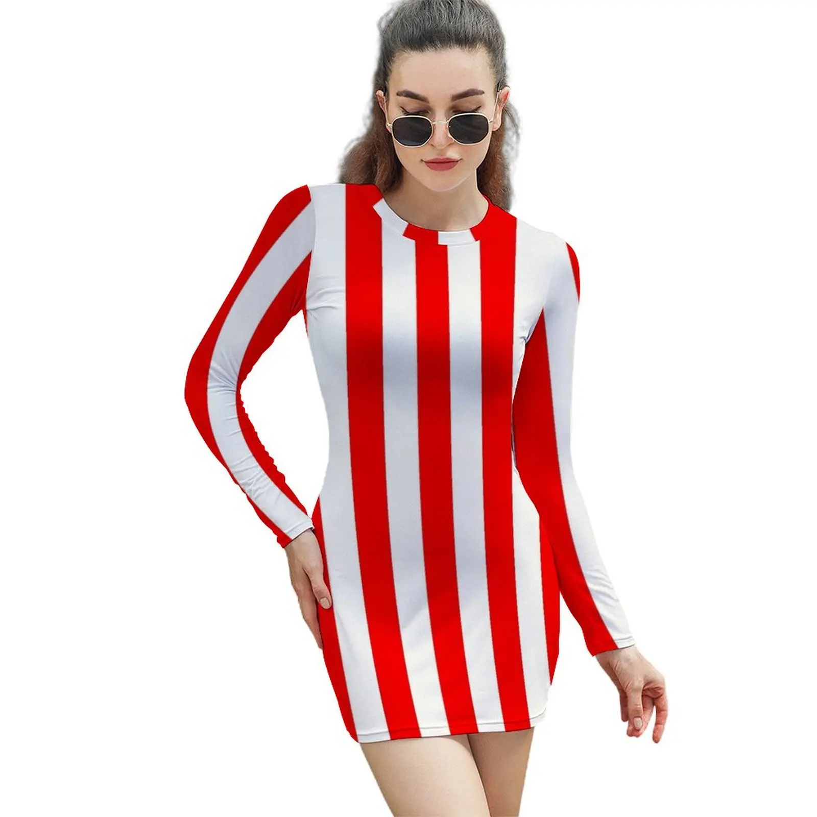 

Red and White Vertical Stripes Long-Sleeved Sheath Dress party dresses women Women's clothing women long dresses