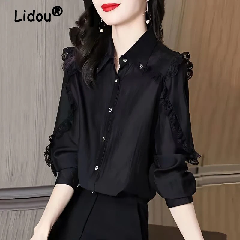 

Women's Lace Patchwork Elegant Chic Button Up Shirt Fashion Black Business Casual Office Lady Blouse Loose Long Sleeve Chic Tops