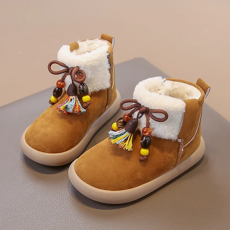 

Сапоги принцессы для девочек, детские ботильоны с милыми кисточками, замшевые, теплые, с мягкой подошвой, новинка зимы 2025, детские короткие сапоги с круглым носком, милые