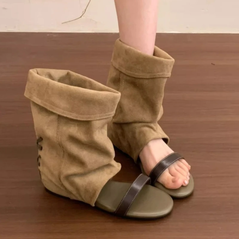 Women's Sandals Flats Designer Mid Calf Shoes Open Toe Woman Boots 2026 Summer Fashion Walking Dress Goth Trend Mujer Zapatos