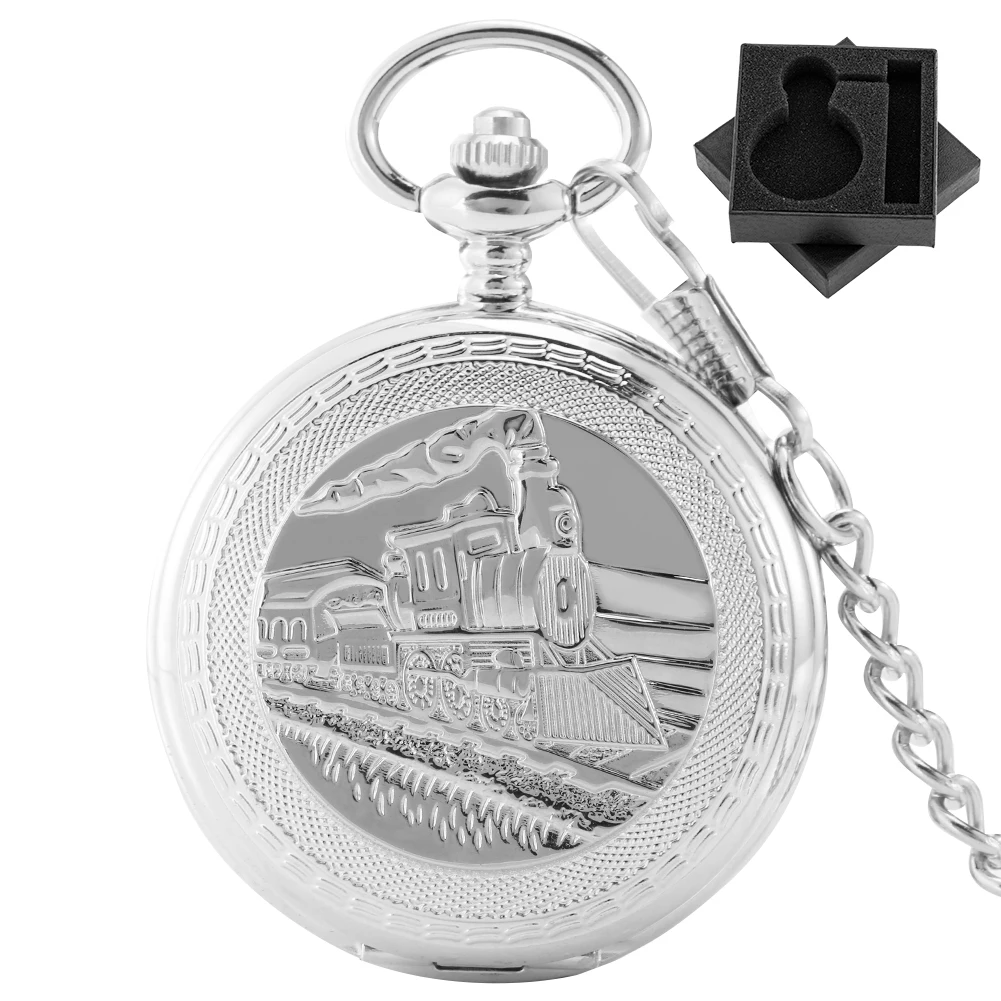 

Roman Numerals Dial Silver Train Manual Mechanical Pocket Watch Retro Fob Chain Pendant Clock Antique Style Timepiece Gift Male