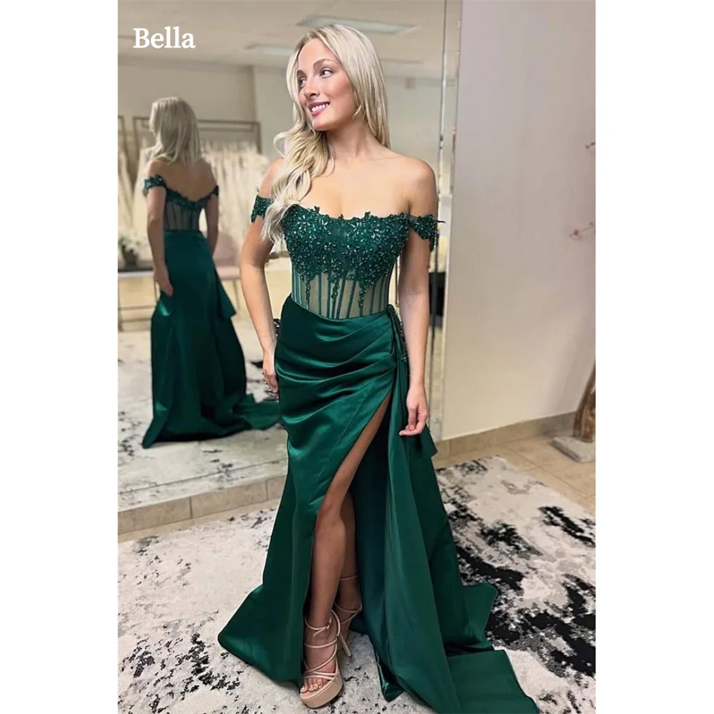 Bella Off Shoulder robes de soirée Lace Embroidery Prom Dresses Customized Sleeveless Floor-Length Side High Split Wedding Dress