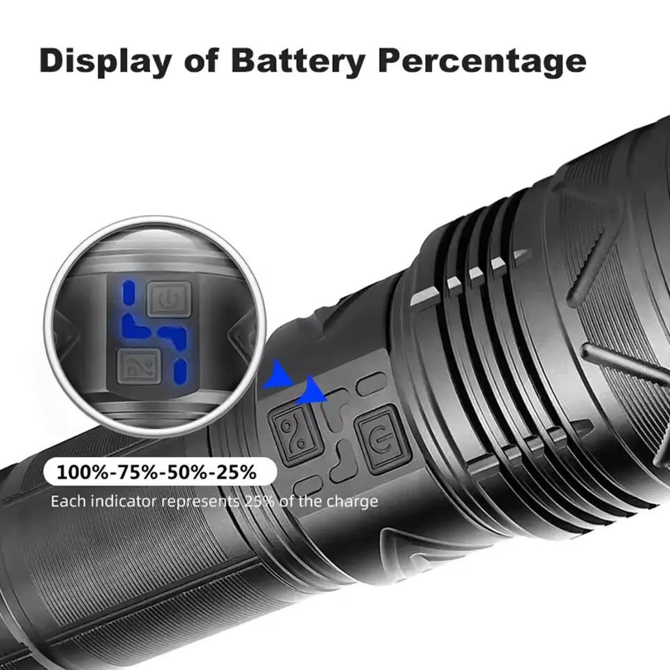 99000000LM Super Bright LED Flashlight 100W GT60 Long Range Powerful Torch Type-c Rechargeable Outdoor Flashlight Power Display