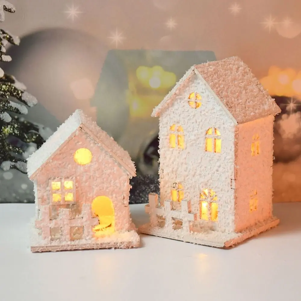 Ornament Mini Christmas LED Light Wooden House White with Snowflake Glowing Castle Luminous Home