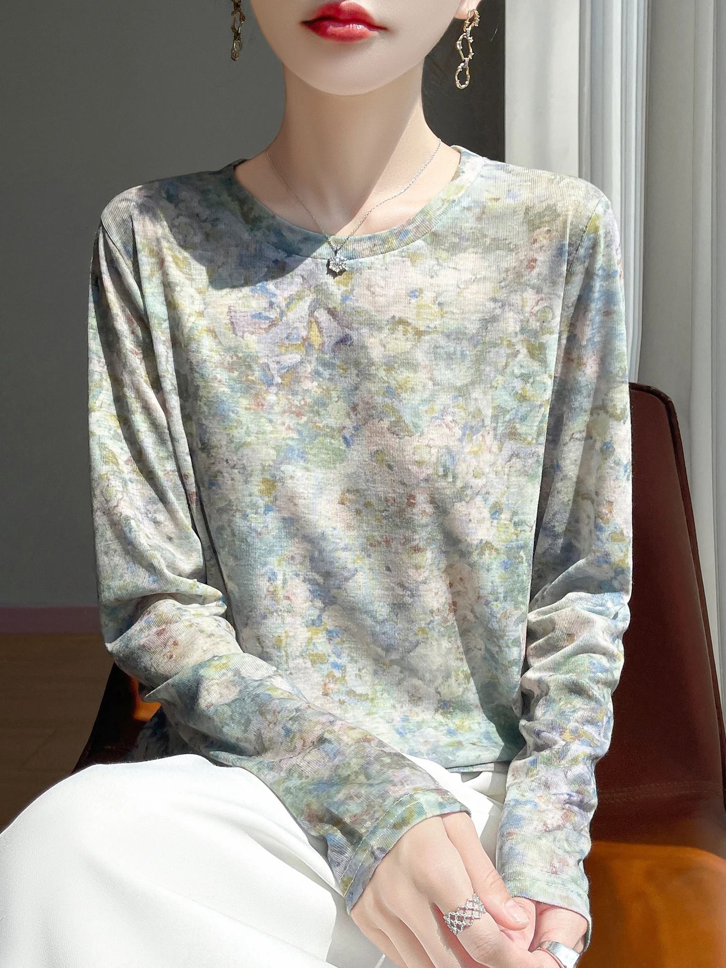 Lace Long Sve Damen-Strick-T-Shirt, runder Ne-Pullover, leicht, luxuriös, hautfreundlich, Base Irt, lässige, lockere Passform