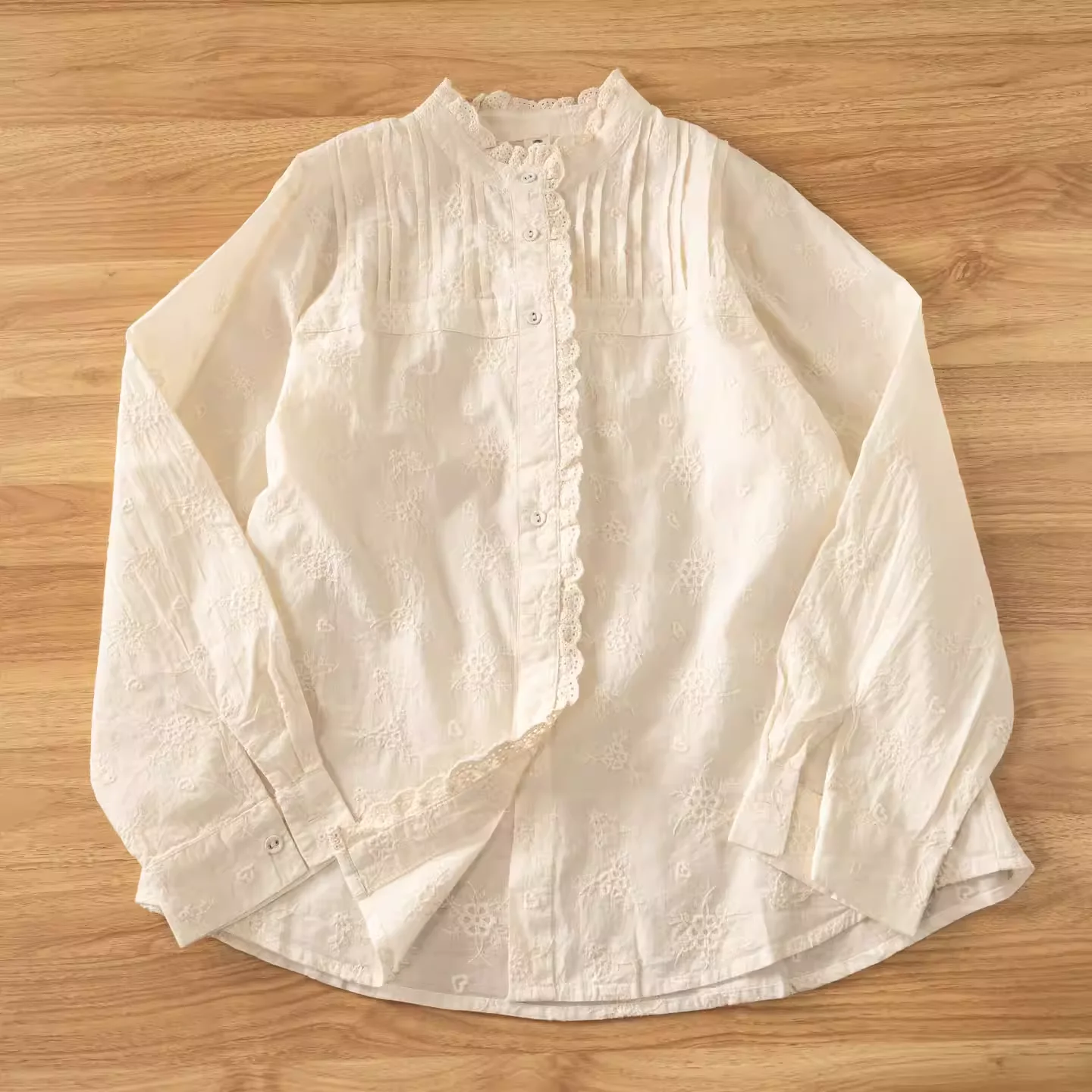 100% Cotton Beige Elegant Women's Luxury Designer Blouses Autumn Clothes for Women 2026 Lace Embroidery Shirts view 2