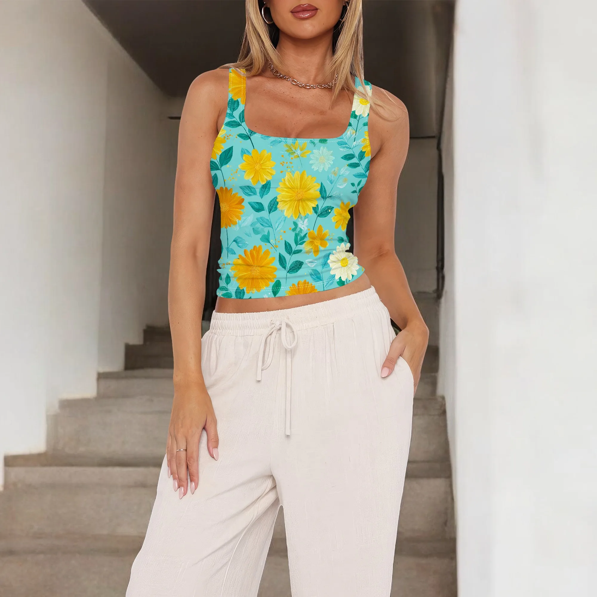 Tank Top Leher Persegi Musim Panas Wanita Ratu Pakaian Tanpa Lengan Kamisol Musim Panas Berusuk Potongan Latihan 2025