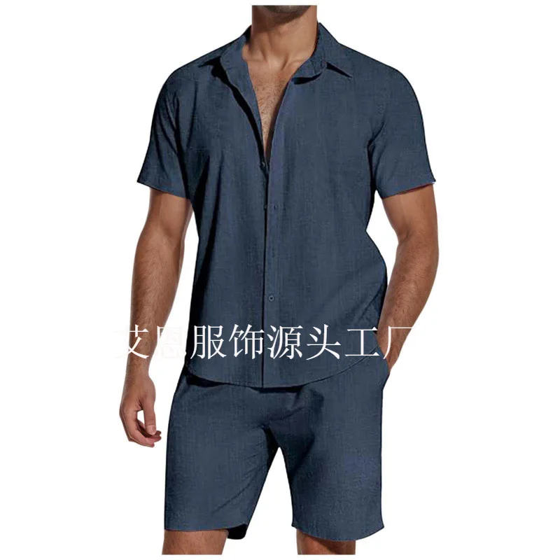 New Men's Shirt Set Short Sleeve Lapel Lace Up Shorts Two-piece Set