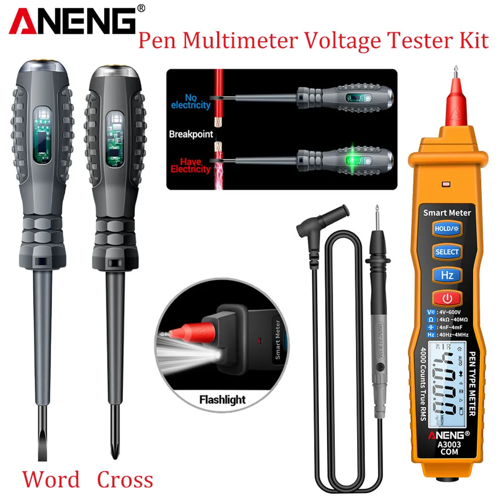 ANENG A3003 Pro Stift-Multimeter 4000 Messungen + B05 Stift-Tester Spannungsprüfer 90-250V Neon-Voltstift Tragbares Elektriker-Werkzeug für Autos