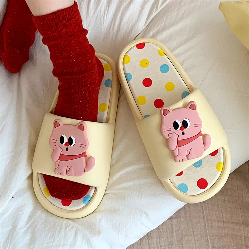 XIXITIAO Bathroom Slippers For Women Fashion Cartoon Cute Pink Cat Color Blocking Comfortable Soft Non-slip Platform Home Shoes