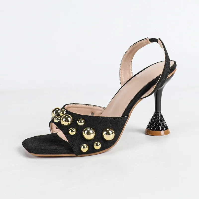 Aneikeh Fashion Golden Rivets Retro Roman Summer Women's Sexy Square Head High Heel Sandals Open Toed Party Dress Ladies Shoes