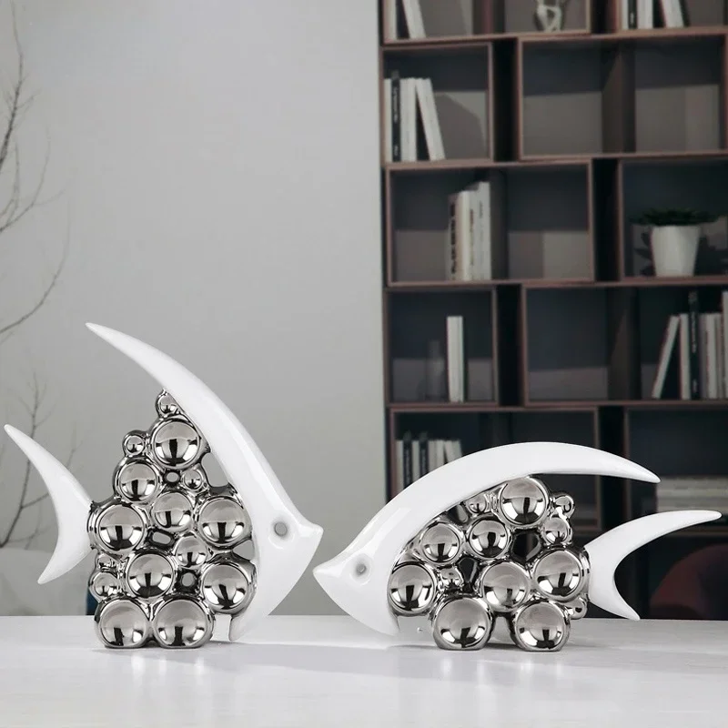 

Silver Plated Bouble Couple Kiss Fish Vase Modern Europe Ceramic Furnishing Articles Office Home Livingroom Ornament Decoration