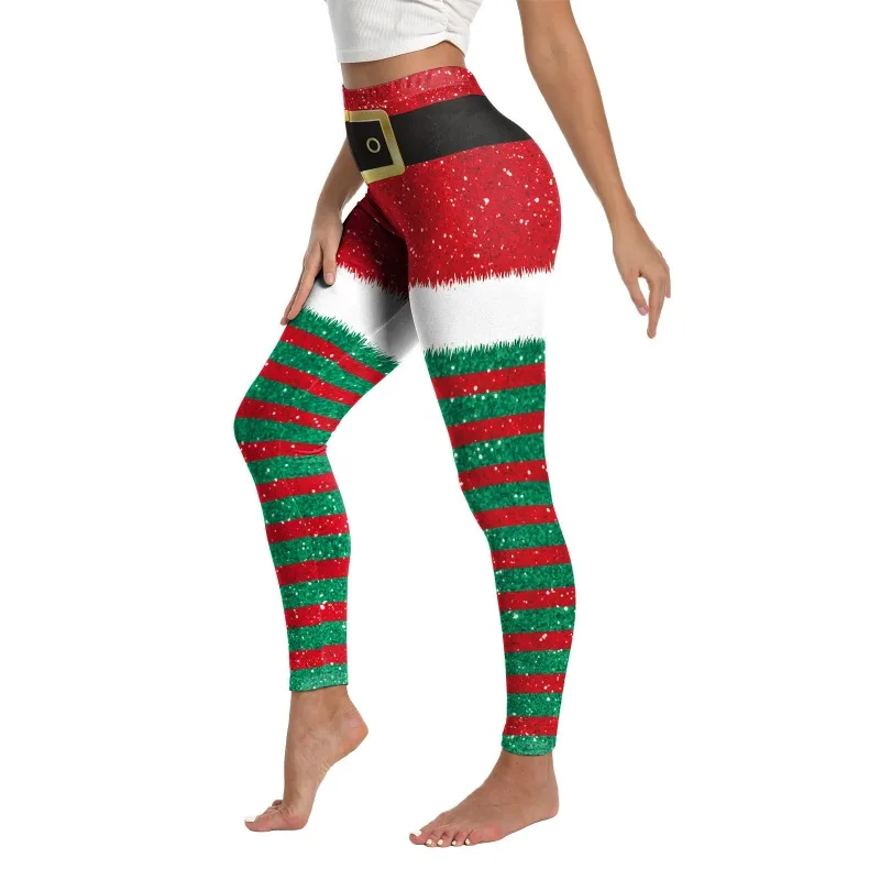 Christmas Women Leggings Elf  3D High Waist Leggings Elastic Stripe Print Trousers Yoga Leggings Xmas Pants Carnival Party Pants