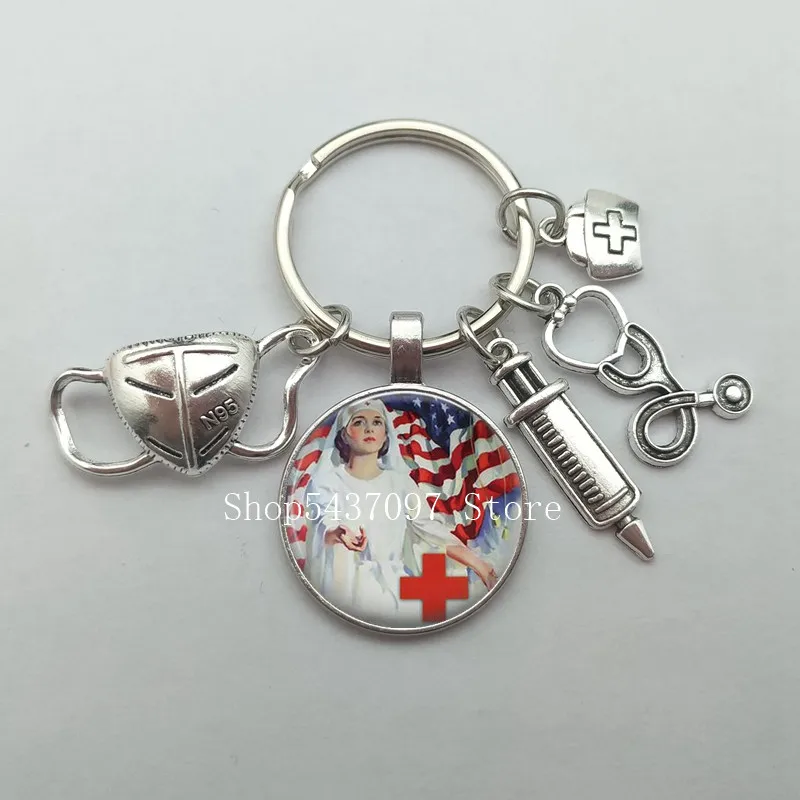 Fashion creative nurse medical syringe stethoscope mask image keychain glass suitable for nurse doctor key ring pendant gift