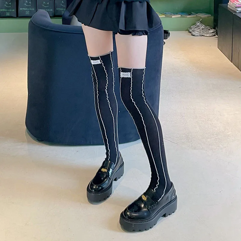 

Белые длинные чулки с вертикальными полосками и рюшами, весенне-летние, милые, в стиле Лолита, женские, тонкие, до колена, модные аксессуары