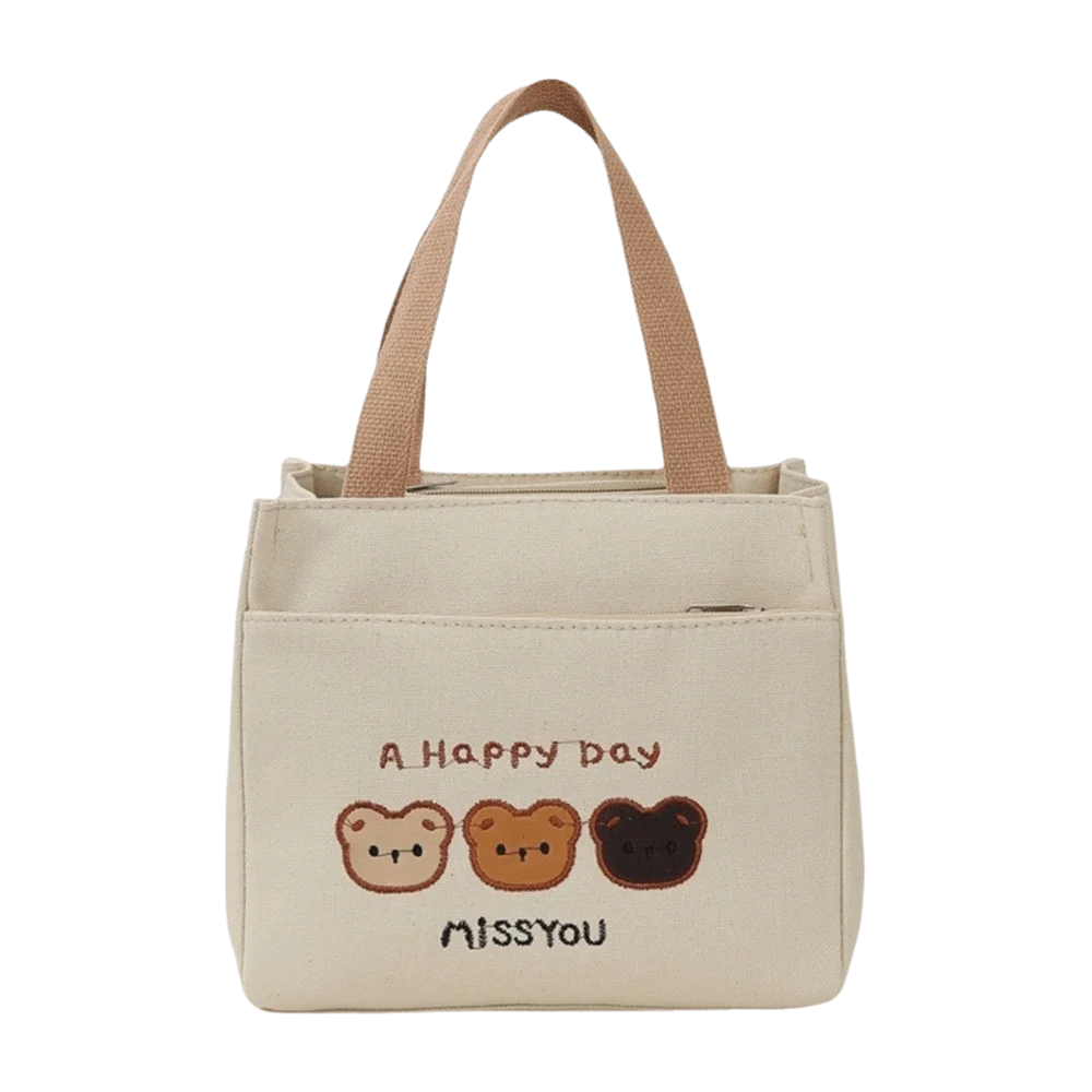 Casual Cute 3 Bears Embroidery Tote Bag Large Capacity Zipper Closure Canvas Lunch Bag Lightweight Reusable Handbag School