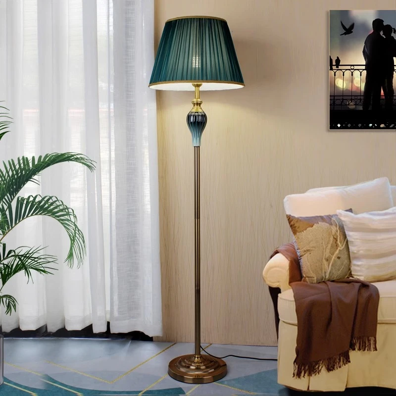 American Retro Wrought Iron Ceramics Floor Lamps Pleated Fabric Lampshade Living Room Bedroom Restaurant Office Standing Lights