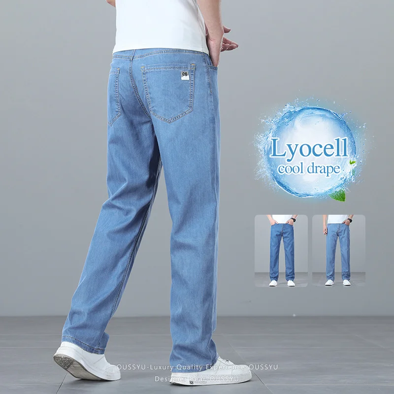 Brand Clothing Summer Lyocell Ultra-thin Men's Jeans Business Straight Denim Pants Cool Ice Silk Casual Trousers Man Plus Size
