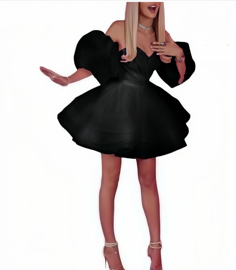 Satin and Tulle Off Shoulder Party Prom Dresses Sweetheart Short Homecoming Dress A-Line Bubble Sleeves Ball Gowns