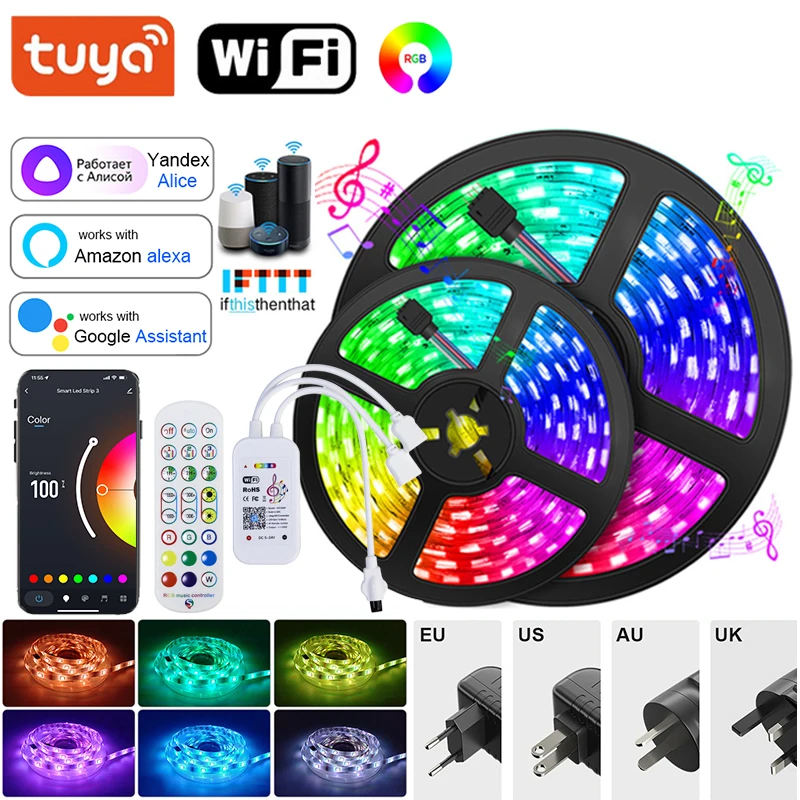 Светодиодная лента Rgb 30M Tuya Wi-Fi Светодиодная лента Smart Control 12 В Rgb Светодиодная лента 5050 Украшение комнаты Рождественские огни