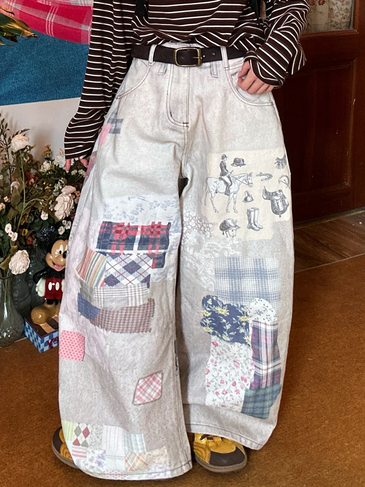 

Retro Print Splicing Wide Leg Jeans Loose Casual Women's High Match All-Match Spring New Sle Denim Pants l Waist