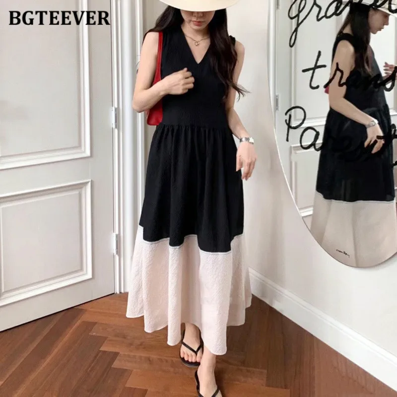

BGTEEVER элегантное лоскутное женское платье средней длины с v-образным вырезом, винтажное женское платье трапециевидной формы с тонкой талией, летнее