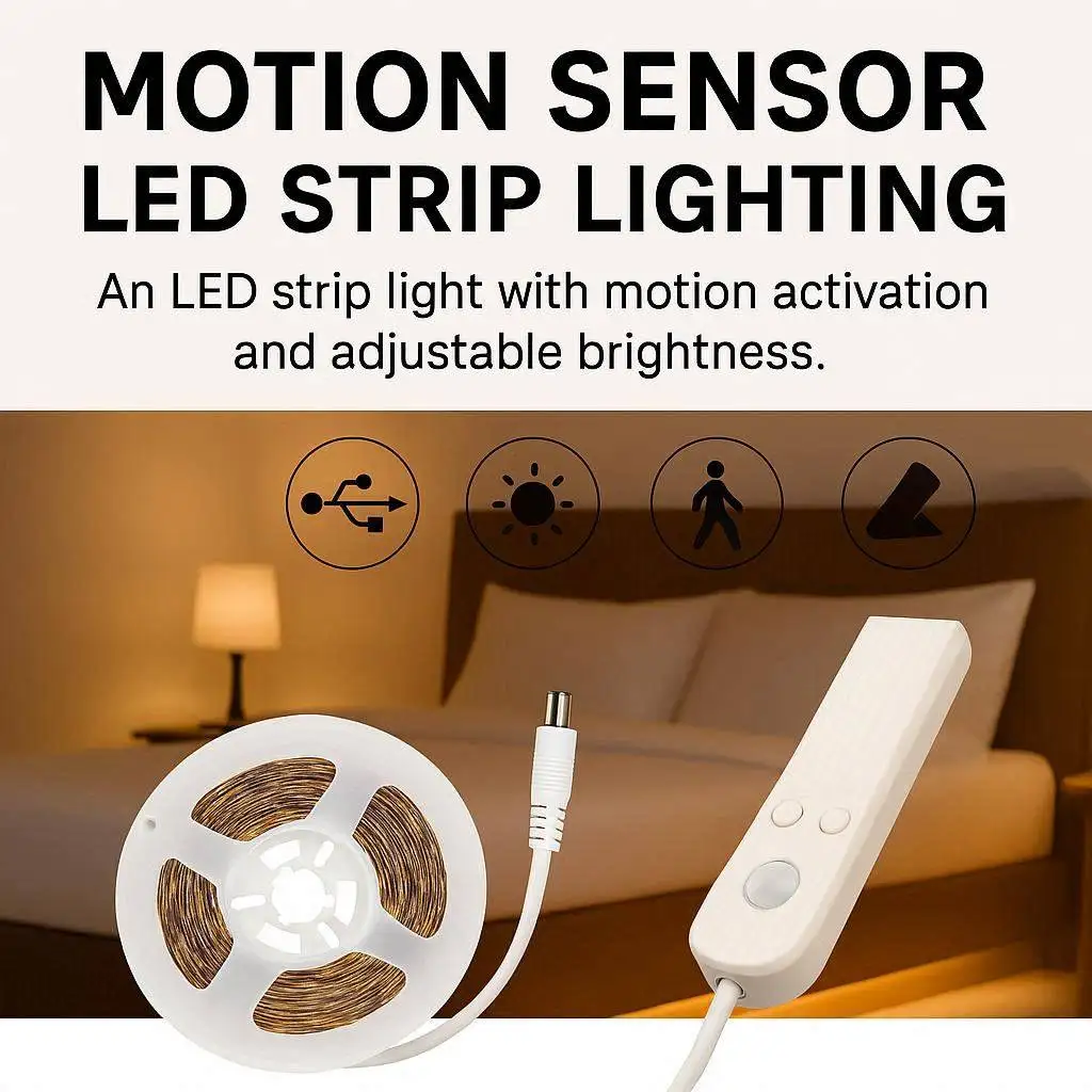 LED sensor light strip, USB and battery powered (batteries not included). Suitable for bedside, staircase, and cabinet lighting.