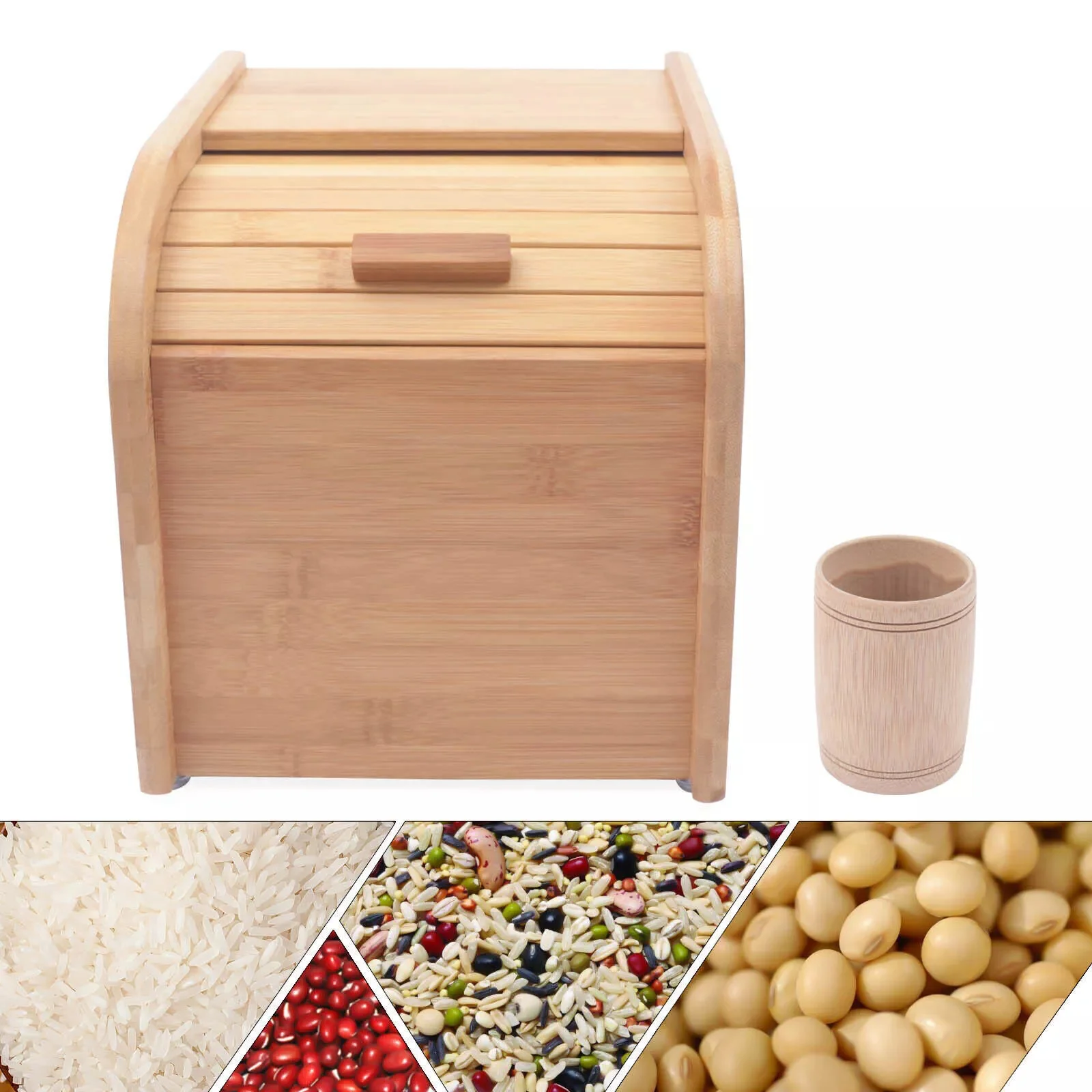 Rice Storage Container 11LBS Large Cereal Dry Food Storage Box Wooden Stocker