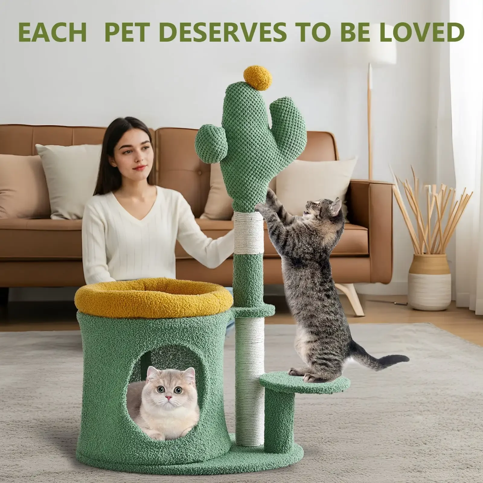 32" Cat Tree,Cat Tower with Cactus Cat Scratching Post,Cozy Cat House for Indoor Cats,Green