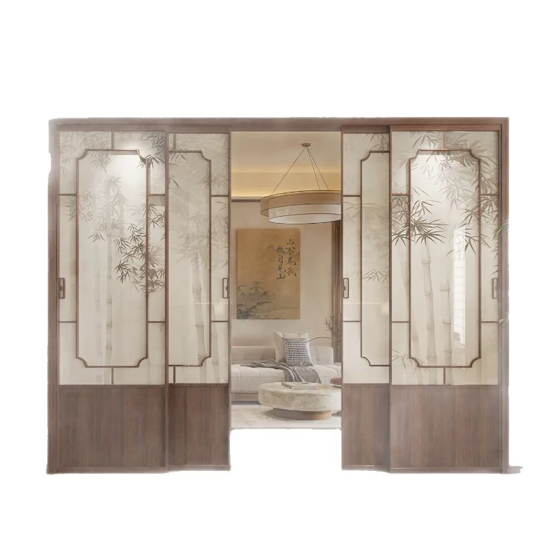 Aluminum bamboo shadow sliding door living room kitchen study tea room partition door, glass sliding door